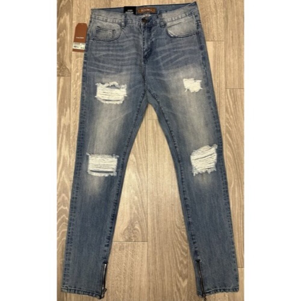 New Crysp Denim Griffey Bl Ripped Mens Size 32x34 Light blue Distressed w/zip